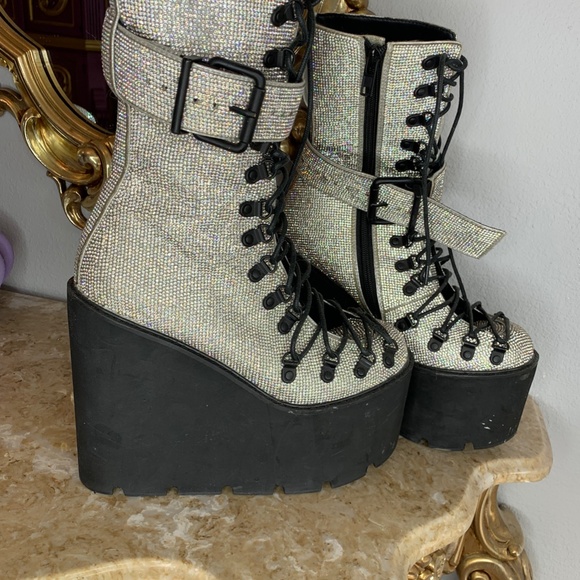 Dolls Kill Demonia Rhinestone Knee High Platform Rave boots - Picture 5 of 5